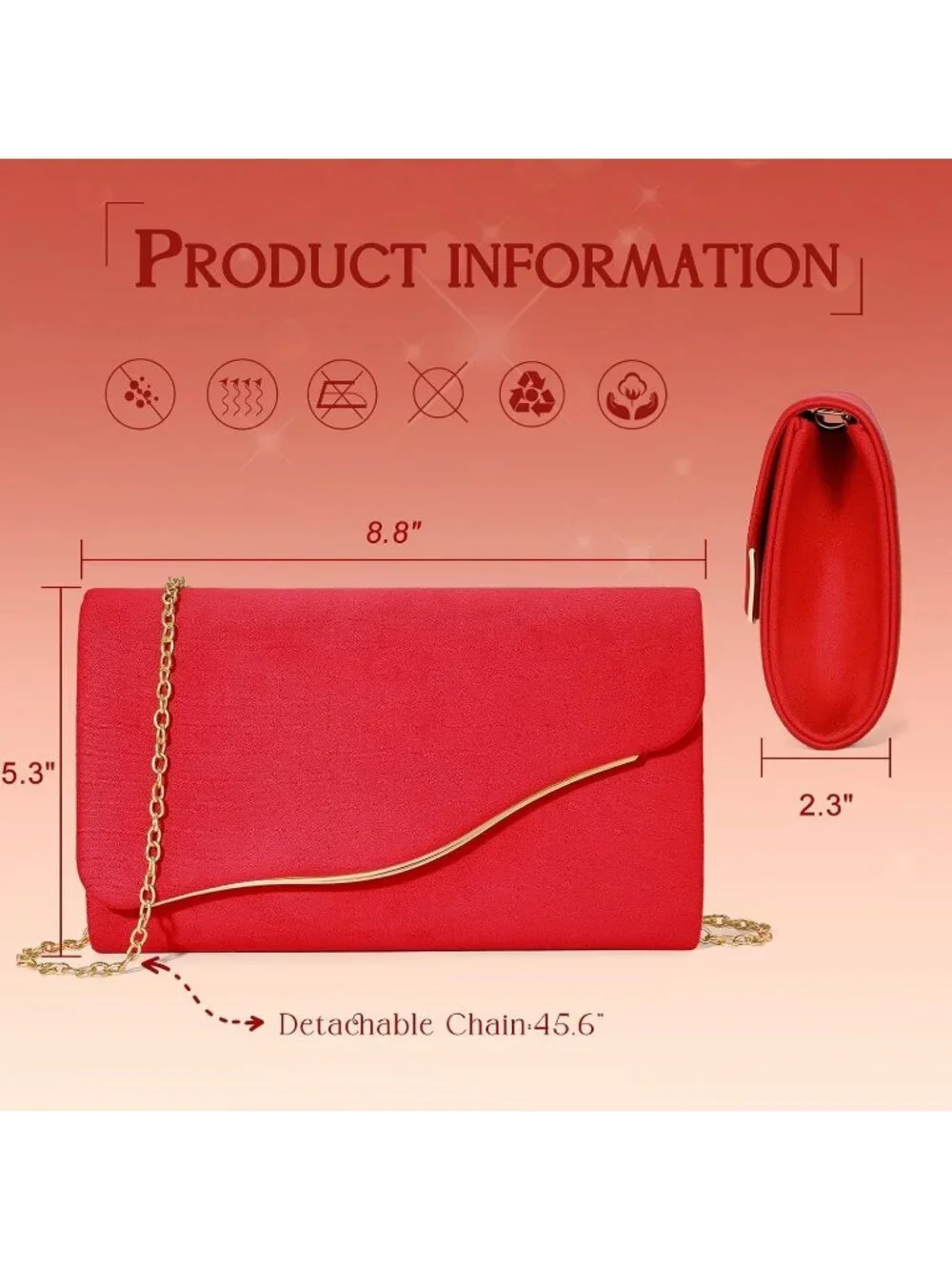 Women's Red Formal Clutch Purse With Detachable Chain Strap Evening Bag
